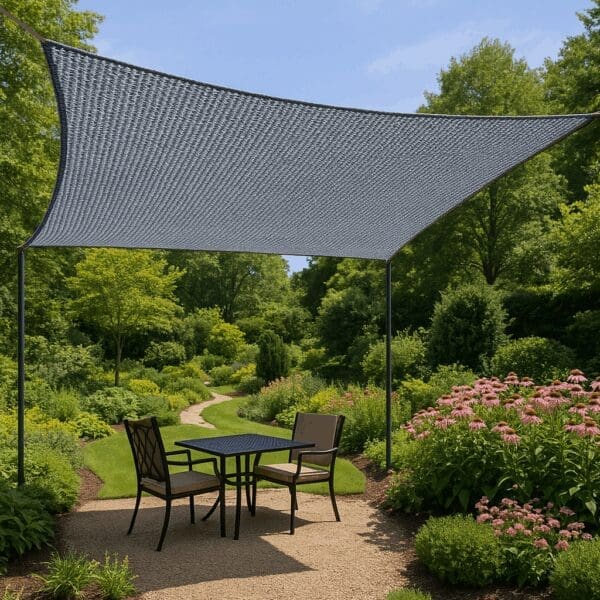 Wide 5x7m 4 point shade sail used over carport or poolside
