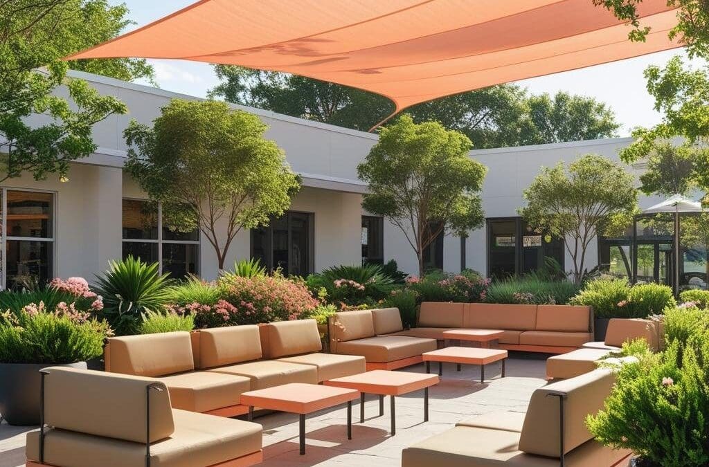 Commercial Shade Sail Installed over a Commercial Seating Area