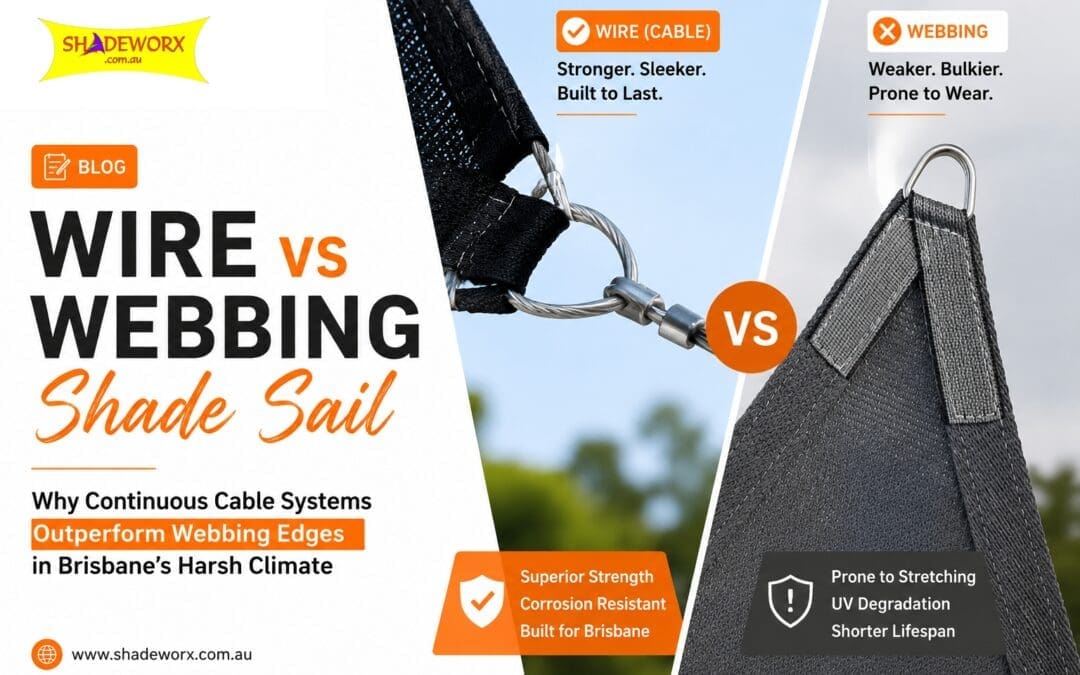 Wire vs webbing shade sail comparison showing continuous cable edge versus webbing edge, highlighting stronger cable construction for Brisbane's harsh weather conditions.