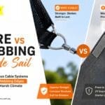 Wire vs webbing shade sail comparison showing continuous cable edge versus webbing edge, highlighting stronger cable construction for Brisbane's harsh weather conditions.